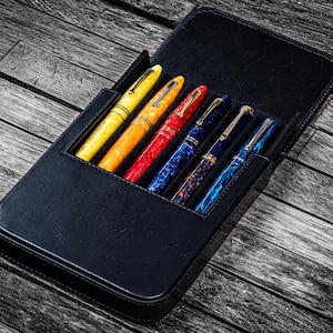 Leather Magnum Opus 6 Slots Hard Pen Case with Removable Pen Tray - Black