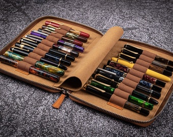 Leather Zippered 20 Slots Pen Case - Crazy Horse Brown