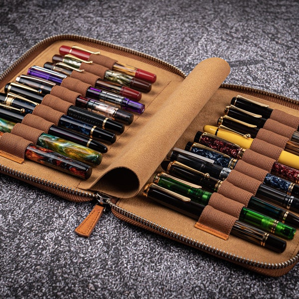 Leather Zippered 20 Slots Pen Case - Crazy Horse Brown