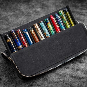 Leather Zippered Magnum Opus 12 Slots Hard Pen Case with Removable Pen Tray - Black