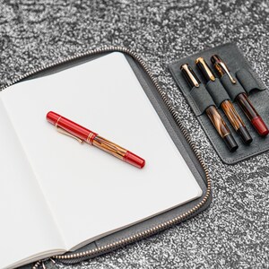 K&ouml;nnte beinhalten: Ein graues Ledernotizbuch mit Rei&szlig;verschluss, ge&ouml;ffnet auf einer leeren wei&szlig;en Seite. Ein roter und brauner F&uuml;llfederhalter liegt auf der ge&ouml;ffneten Seite. Ein separater grauer Leder-Stiftbeh&auml;lter mit drei braunen und goldenen F&uuml;llfederhaltern ist auf der rechten Seite des Bildes sichtbar.