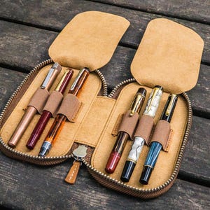 Leather Zippered 6 Slots Pen Case - Crazy Horse Brown