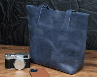 Leder Tragetasche - Crazy Horse Navy Blau