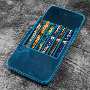 Leather Magnum Opus 6 Slots Hard Pen Case with Removable Pen Tray - C.H. Ocean Blue