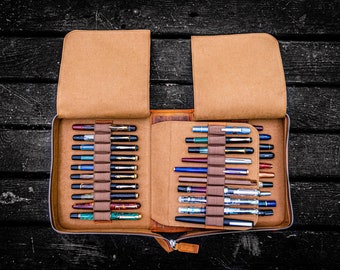 Leather Zippered 40 Slots Pen Case - Crazy Horse Brown