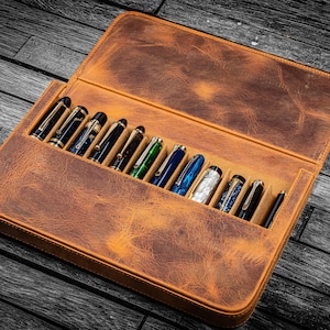 Leather Magnum Opus 12 Slots Hard Pen Case with Removable Pen Tray - Crazy Horse Brown