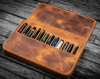 Leather Magnum Opus 12 Slots Hard Pen Case with Removable Pen Tray - Crazy Horse Brown