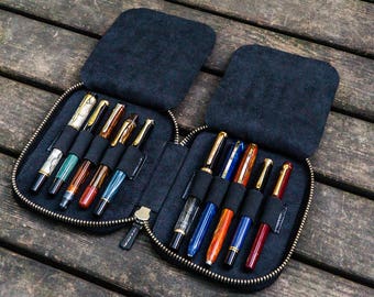 Personalized Black Leather Zippered Pen Case - Handmade 10 Slot Fountain Pen Holder, Full Grain Travel Organizer, Gift for Writers