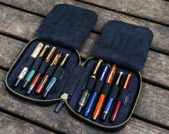 Leather Zippered 10 Slots Pen Case - Black