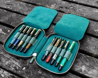 Leather 10 Slots Zippered Pen Case - Crazy Horse Forest Green, Fountain Pen Organizer, Compact Holder, Travel Pouch, Gift for Collectors