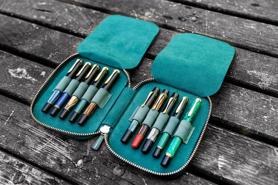 Leather 10 Slots Zippered Pen Case - Crazy Horse Forest Green, Fountain Pen Organizer, Compact Holder, Travel Pouch, Gift for Collectors