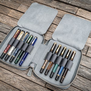 Leather Zippered 10 Slots Pen Case - Crazy Horse Smoky