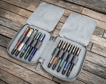 Leather Zippered 10 Slots Pen Case - Crazy Horse Smoky