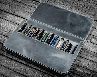 Leather Magnum Opus 12 Slots Hard Pen Case with Removable Pen Tray - Crazy Horse Smoky Grey