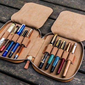 Personalized Leather Zippered 10 Pen Case - Handmade Brown Full Grain Pen Holder, Fountain Pen Organizer, Travel Pouch Gift