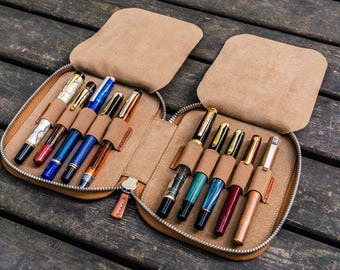 Personalized Leather Zippered 10 Pen Case - Handmade Brown Full Grain Pen Holder, Fountain Pen Organizer, Travel Pouch Gift