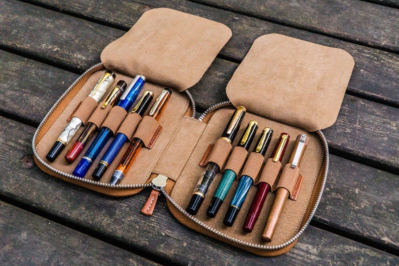 Leather Zippered 10 Slot Pen Case Leather Fountain Pen Etsy
