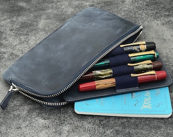 Leather Slip-N-Zip 4 Slots Zippered Pen Pouch - Crazy Horse Navy Blue