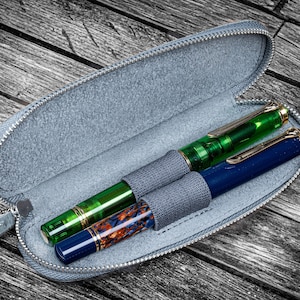 Leather Zippered Duo Slim Pen Case for 2 Pens - Crazy Horse Smoky
