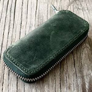 Leather Zippered Double Pen Case for Kaweco - Pocket Pen - Crazy Horse Forest Green