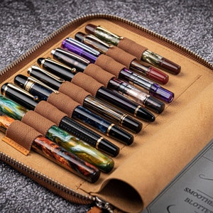 Leather Zippered 10 Slots Pen Case with A5 Notebook Holder Crazy Horse Brown image 2