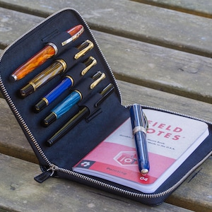 Leather Zippered Pen Case for 5 Pens – Black A6 Notebook Holder – Handmade Fountain Pen Pouch – Travel Pen Organizer – Galen Leather