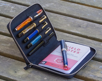 Leather Zippered Pen Case for 5 Pens – Black A6 Notebook Holder – Handmade Fountain Pen Pouch – Travel Pen Organizer – Galen Leather