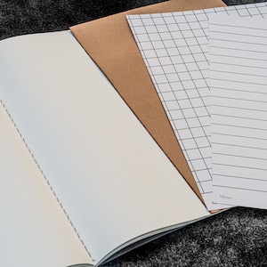 Pu&ograve; includere: Un quaderno aperto con pagine bianche, un foglio di carta marrone, un foglio di carta quadrettato e un foglio di carta rigato con "10mm" stampato su di esso.