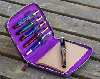 Leather Zippered 5 Slot Pen Case – Purple A6 Notebook Holder – Fountain Pen Pouch – Gift for Writers – Handmade by Galen Leather
