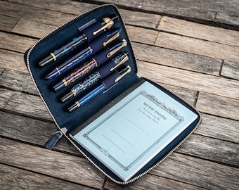 Leather Zippered 5 Slots Pen Case - Crazy Horse Navy Blue