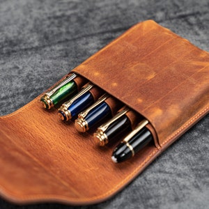 Leather Flap Pen Case for Five Pens - Crazy Horse Brown