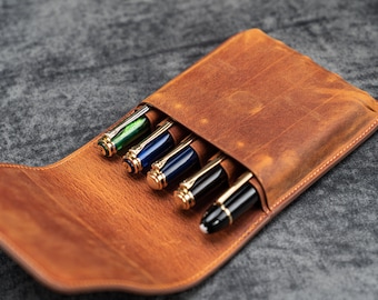 Leather Flap Pen Case for Five Pens - Crazy Horse Brown