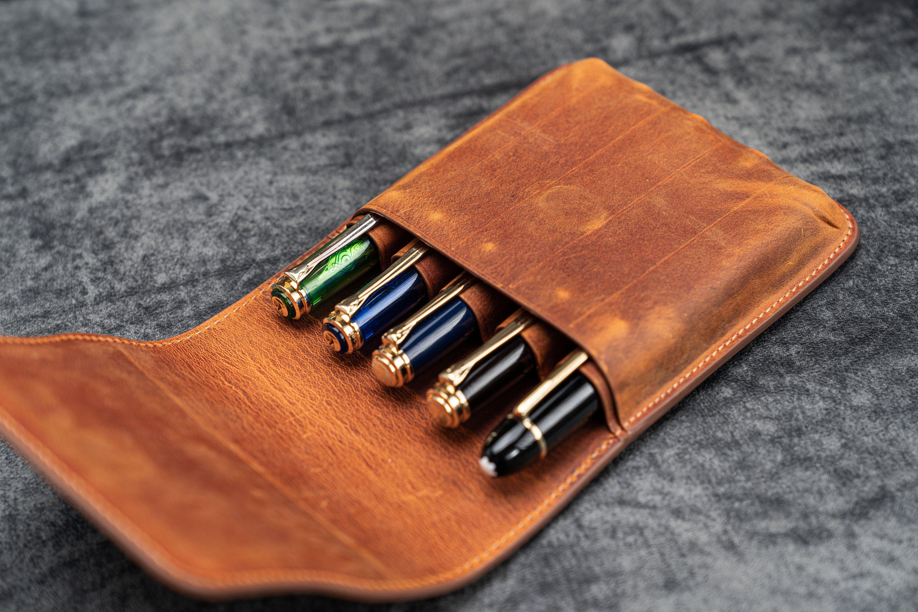 Leather Flap Pen Case for Five Pens Crazy Horse Brown Etsy Canada