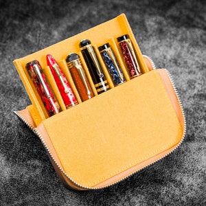 Leather Zippered Magnum Opus 6 Slots Hard Pen Case with Removable Pen Tray - Crazy Horse Honey Ochre