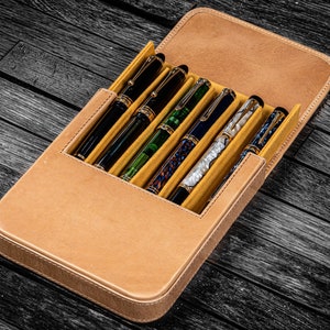 Leather Magnum Opus 6 Slots Hard Pen Case with Removable Pen Tray - Crazy Horse Honey Ochre
