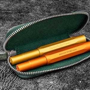 Leather Zippered Double Pen Case for Kaweco - Pocket Pen - Crazy Horse Forest Green