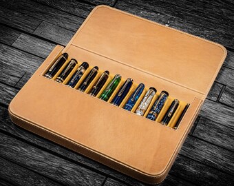 Leather Magnum Opus 12 Slots Hard Pen Case with Removable Pen Tray - Crazy Horse Honey Ochre