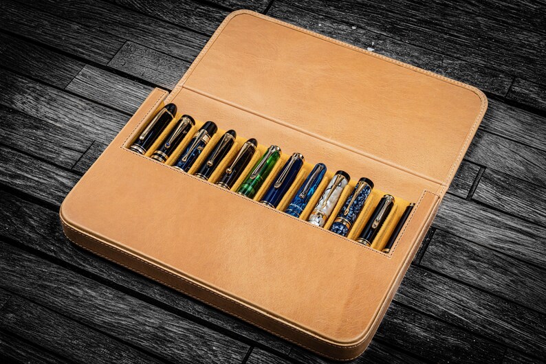 Leather Magnum Opus 12 Slots Hard Pen Case with Removable Pen Tray Crazy Horse Honey Ochre image 1
