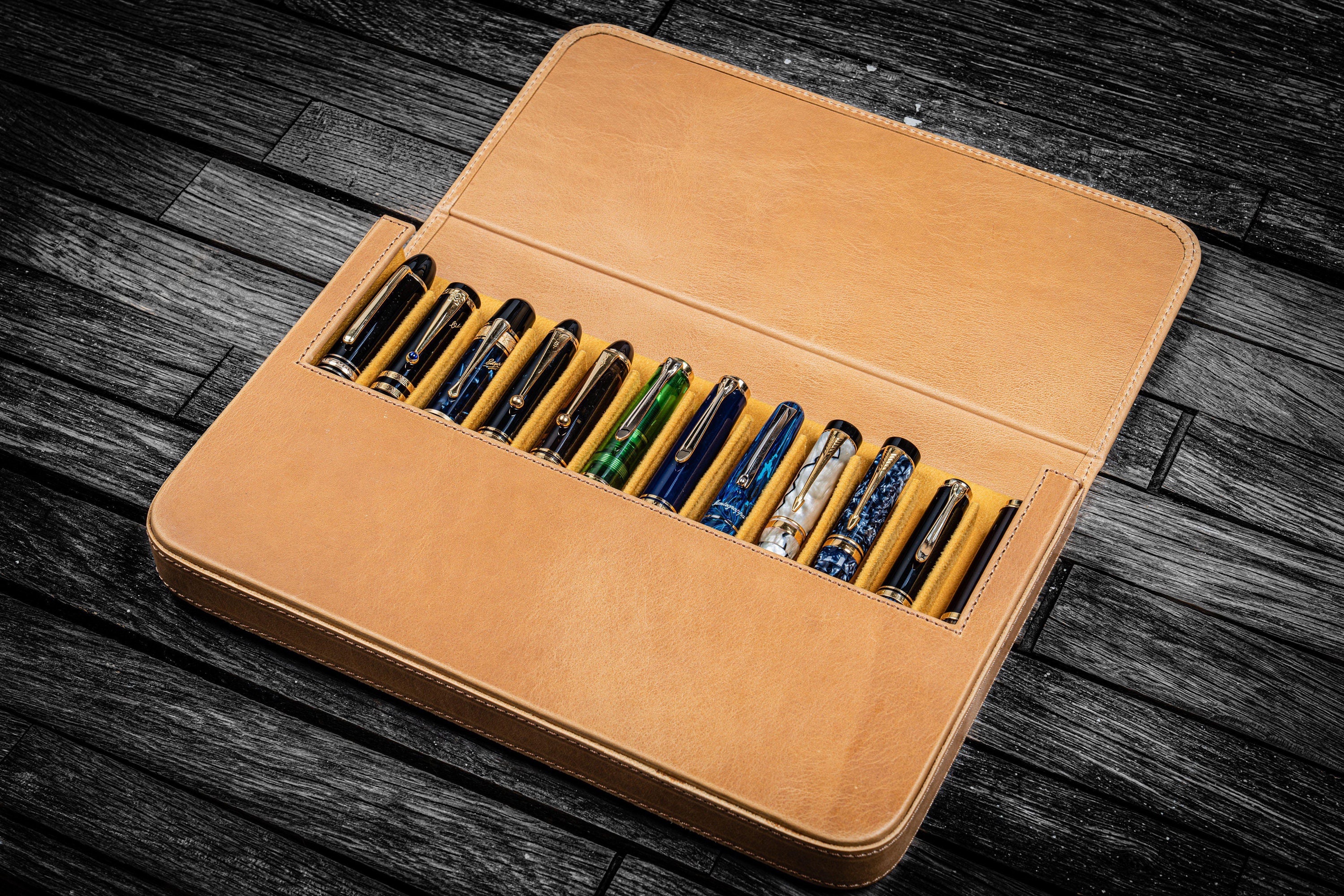 Leather Magnum Opus 12 Slots Hard Pen Case With Removable Pen Tray Crazy  Horse Honey Ochre 