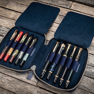 Leather Zippered 10 Slot Pen Case - Crazy Horse Navy Blue, Fountain Pen Holder, Luxury Leather, Pen Pouch, Gift for Writers Artists