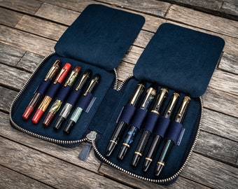 Leather Zippered 10 Slots Pen Case - Crazy Horse Navy Blue