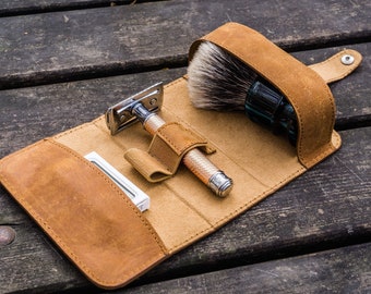 Leather Shaving Travel Kit – Crazy Horse Brown, Handmade Toiletry Organizer for Men, Rustic Grooming Gift for Him, Made in Turkey