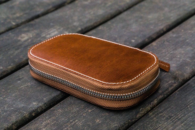 Leather Zippered 6 Slots Pen Case Brown - Handmade Full Grain Leather Pen Organizer - Fountain Pen Holder - A6 Notebook Storage Pouch image 3