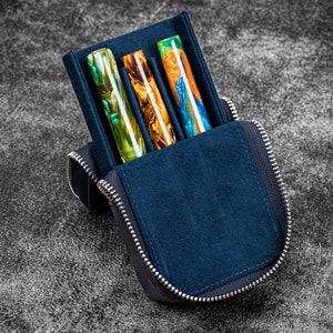 Leather Zippered Magnum Opus 3 Slots Hard Pen Case with Removable Pen Tray - Crazy Horse Navy Blue