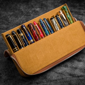 Leather Zippered Magnum Opus 12 Slots Hard Pen Case with Removable Pen Tray - Crazy Horse Brown