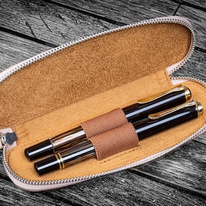 Leather Zippered Duo Slim Pen Case for 2 Pens - Undyed Leather