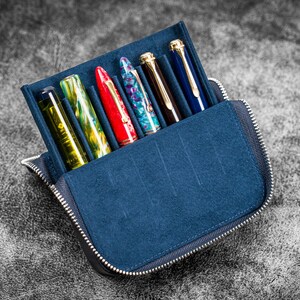 Leather Zippered Magnum Opus 6 Slots Hard Pen Case with Removable Pen Tray - Crazy Horse Navy Blue