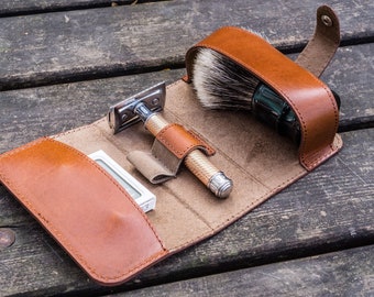 Leather Shaving Travel Kit - Brown