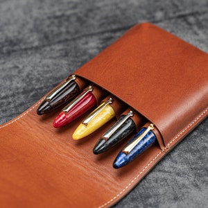 Leather Flap Pen Case for Five Pens - Brown