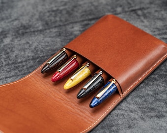 Étui à stylos à rabat en cuir pour cinq stylos - Marron